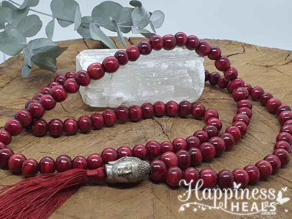 Mala Beads - Wooden Red with Buddha Head