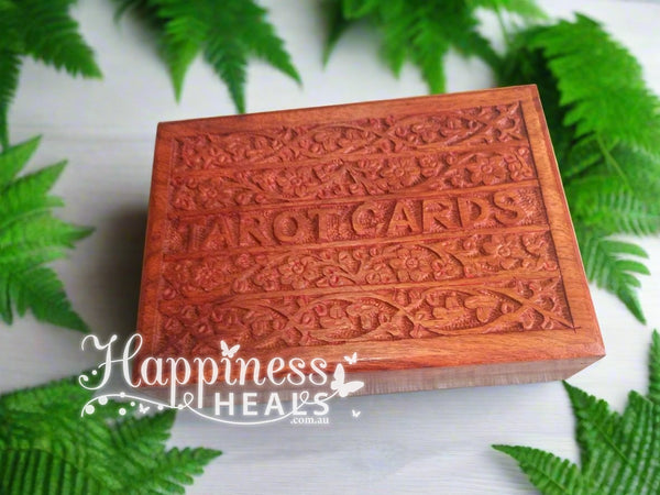 Handcrafted Wooden Tarot Card Box with Intricate Carvings