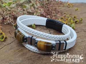 Tiger Eye & Hematite Leather Bracelet – Strength, Style & Elegance