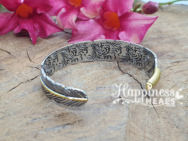 Brass & Silver Feather Cuff Bracelet – Nature-Inspired Elegance